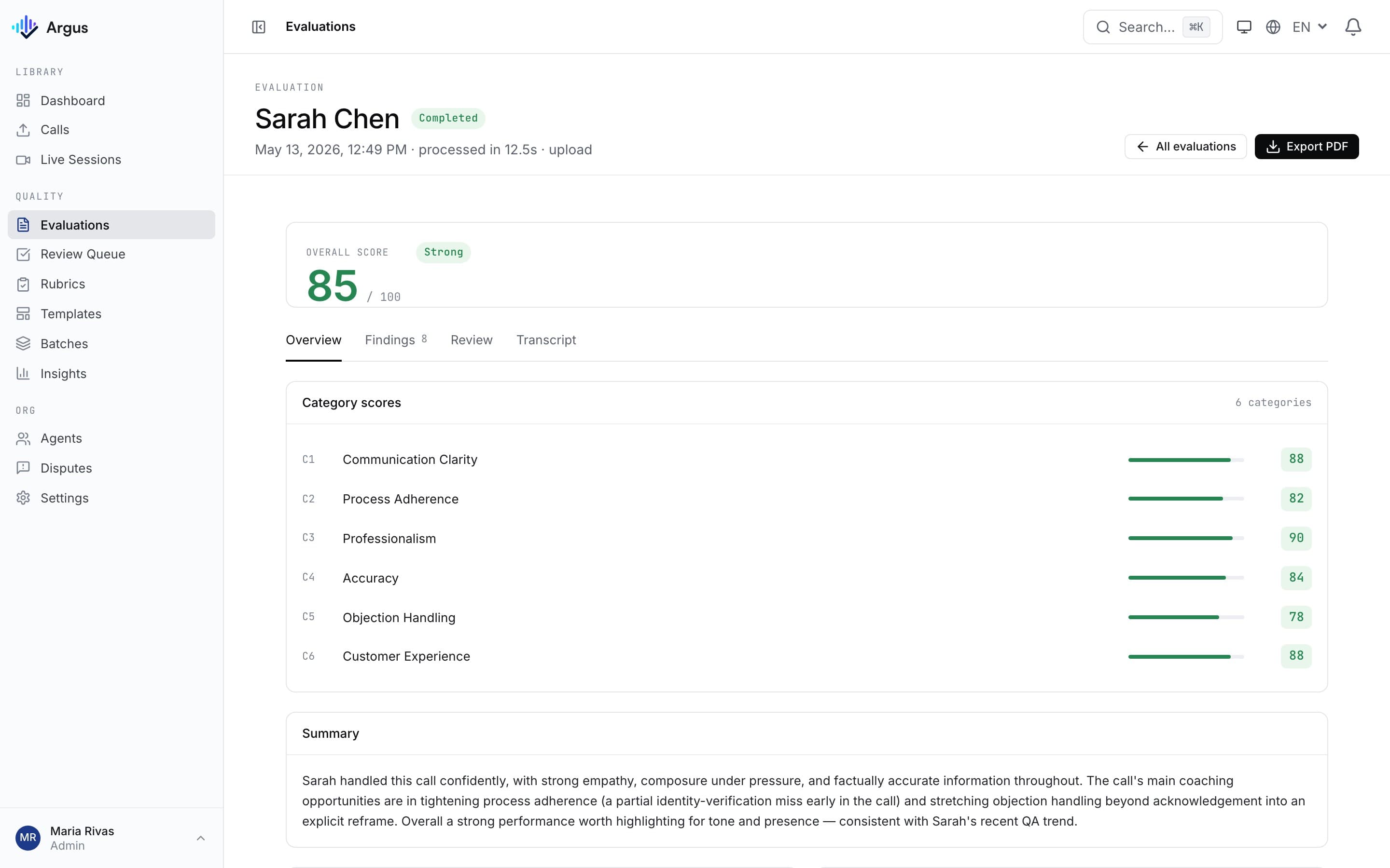 Argus evaluation report showing an overall score of 85 with category scores